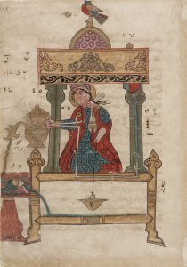 Al-Jazarin suunnittelema käsienpesuautomaatti. Lähde 1300-luvulta. Kuva: Wikipedia.