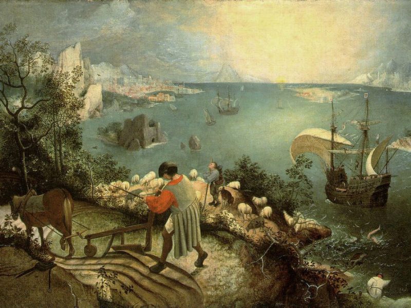 Pieter Bruegel vanhemman maalaus Ikaroksen putoamisesta.