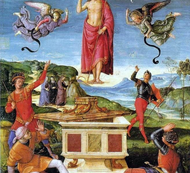 Raphaelin maalaus "kristuksen ylösnousemus noin v. 1500. Kuva: Wikipedia.