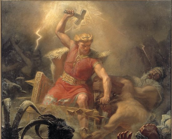 Thor taistelee jättiläisten kanssa. Mårten Wingen maalaus vuodelta 1872. Wikipedia.
