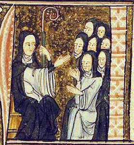 Hildegard opettamassa nunnia. Kuva: Wikipedia.