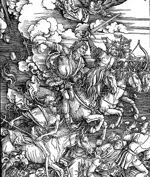 Albrecht Dürer: Johanneksen ilmestys: neljä ratsastajaa (1497–1498).
